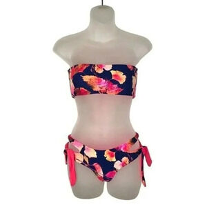 Almost Naked Navy Blue Neon Floral Strapless Tie Bikini S